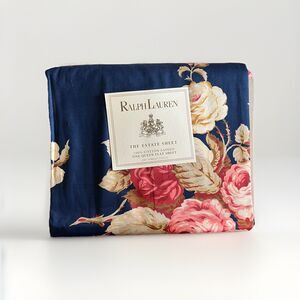 Ralph Lauren The Estate Sheet Queen Flat Sheet 100% Cotton Sateen Floral Navy